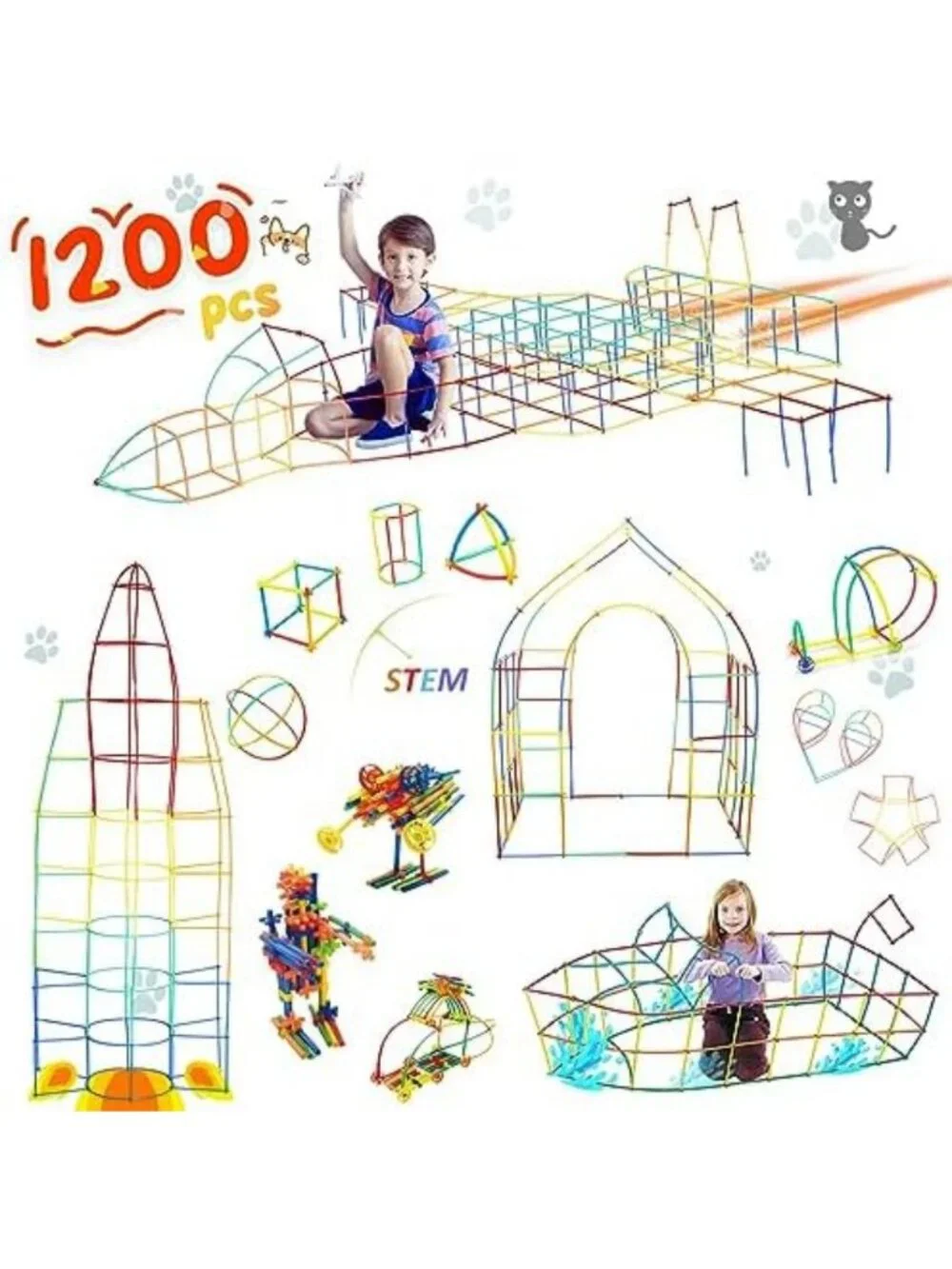 STEM Building Toys 1200pcs - Interlocking Plastic Straw Constructor Set for Kids